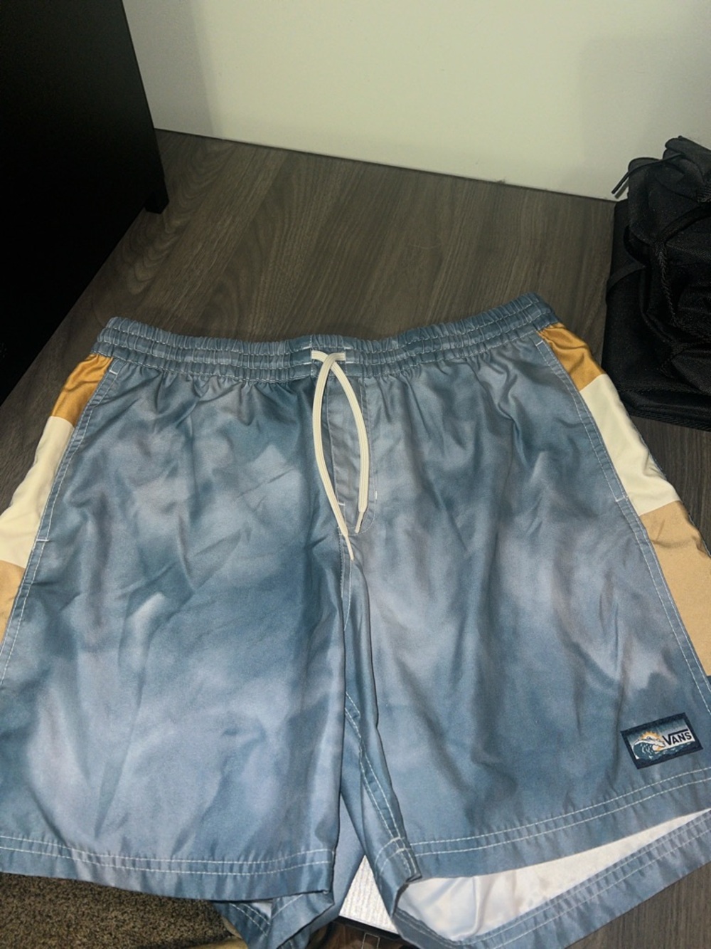 Vans Light Blue Athletic Shorts with Cream and Tan Side Panels